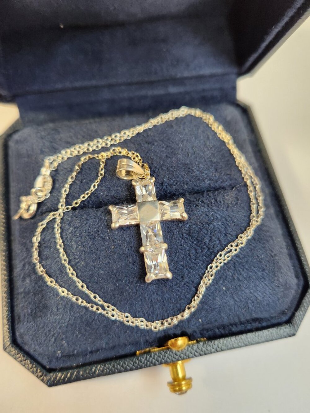 Vintage Italian Baguette CZ Cross Pendant 18" 925 Silver Chain Necklace